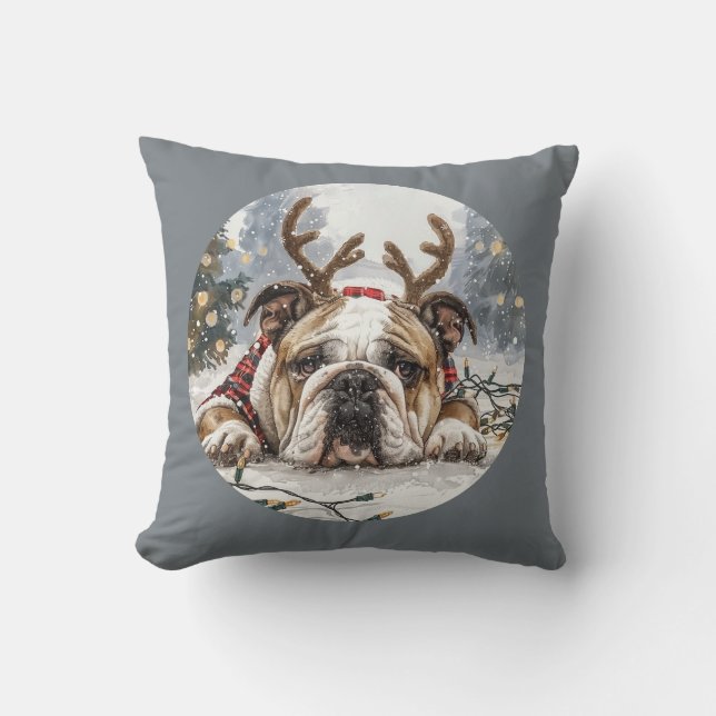 Merry Christmas English Bulldog Reindeer Throw Pillow (Front)