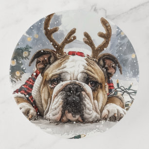 Merry Christmas English Bulldog Reindeer Trinket Tray