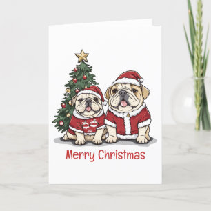 Merry Christmas English Bulldog Santa Hats Holiday Card