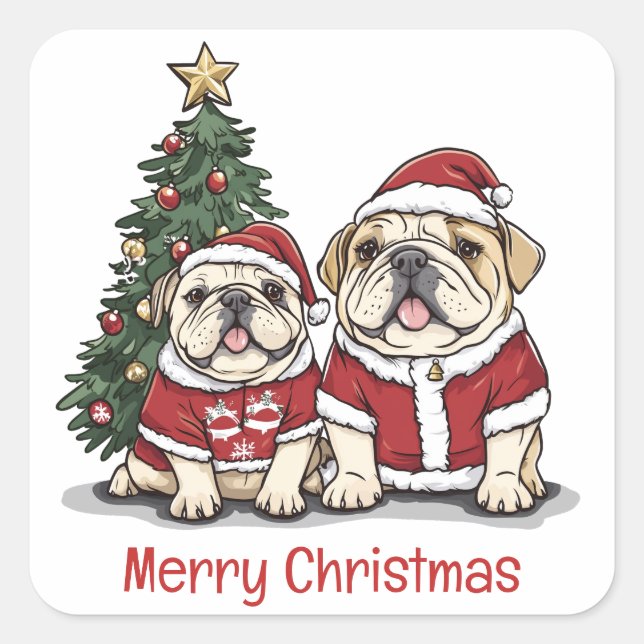 Merry Christmas English Bulldog Santa Hats Square Sticker (Front)
