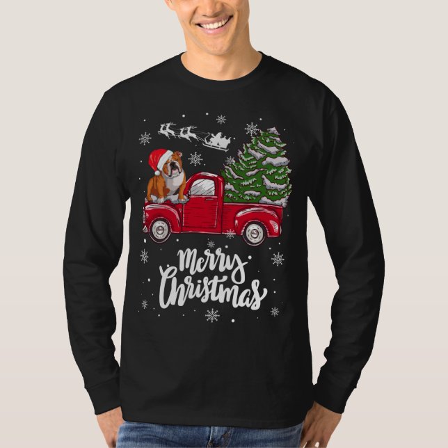 Merry Christmas English Bulldog Santa Red Truck Xm T-Shirt (Front)
