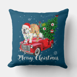 Merry Christmas English Bulldog Santa Red Truck Xm Throw Pillow
