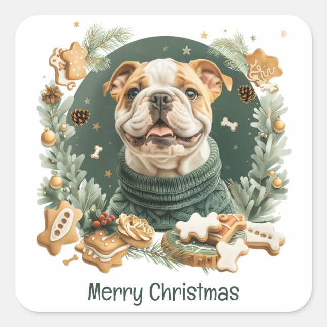 Merry Christmas English Bulldog Square Sticker (Front)