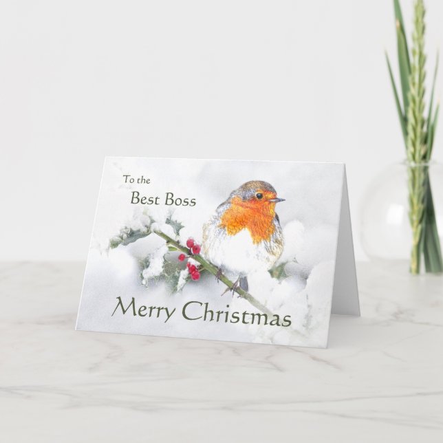 Merry Christmas English Robin Best Boss Bird Holiday Card (Front)