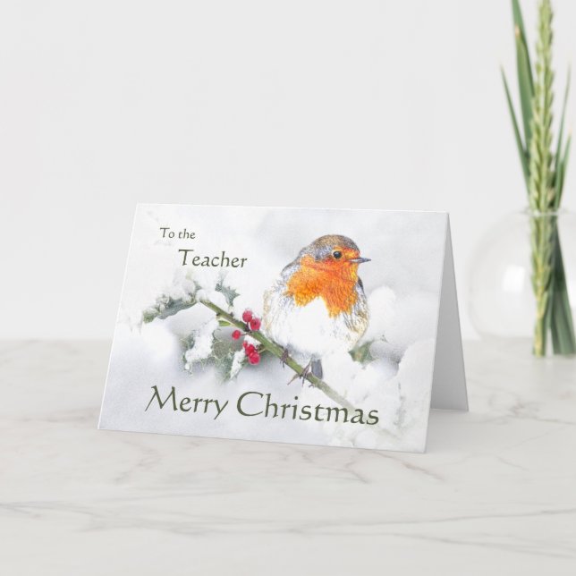 Merry Christmas English Robin Best Teacher Bird Holiday Card (Front)