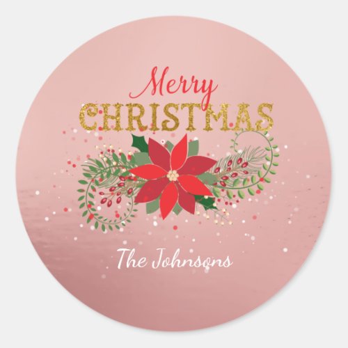 Merry Christmas English Rose Gold Glass Classic Round Sticker