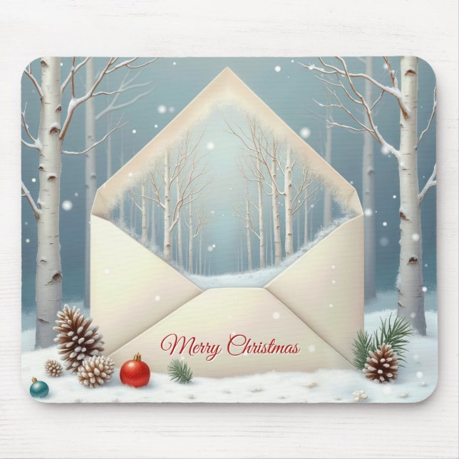 Merry Christmas Envelope With Birch Trees Mouse Pad (Front)