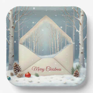 Merry Christmas Envelope With Birch Trees Paper Plates