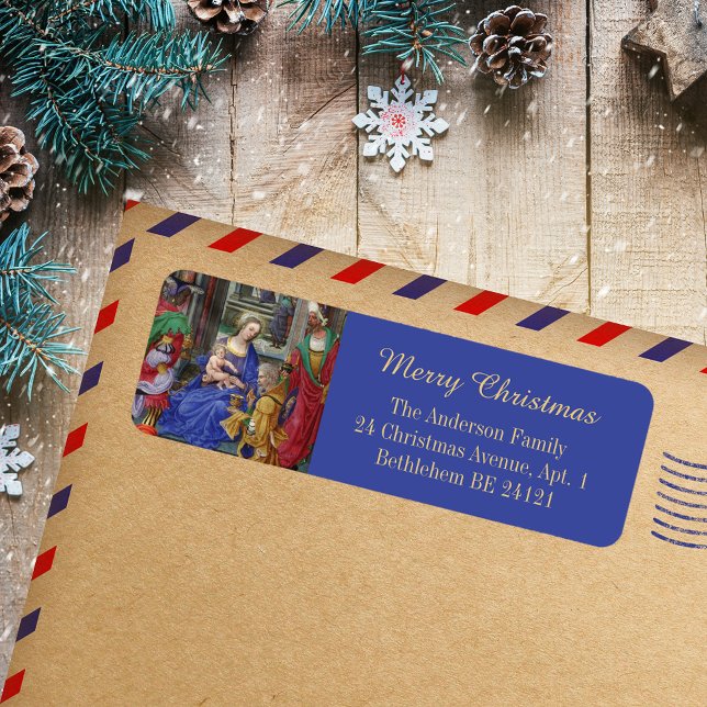 Merry Christmas Epiphany Magi Nativity Renaissance Label (Merry Christmas Epiphany Three Magi Kings Day Nativity Scene Renaissance Return Address Label)