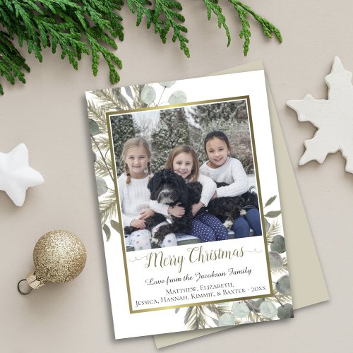 Merry Christmas Eucalyptus  Golden Pine Photo Holiday Card