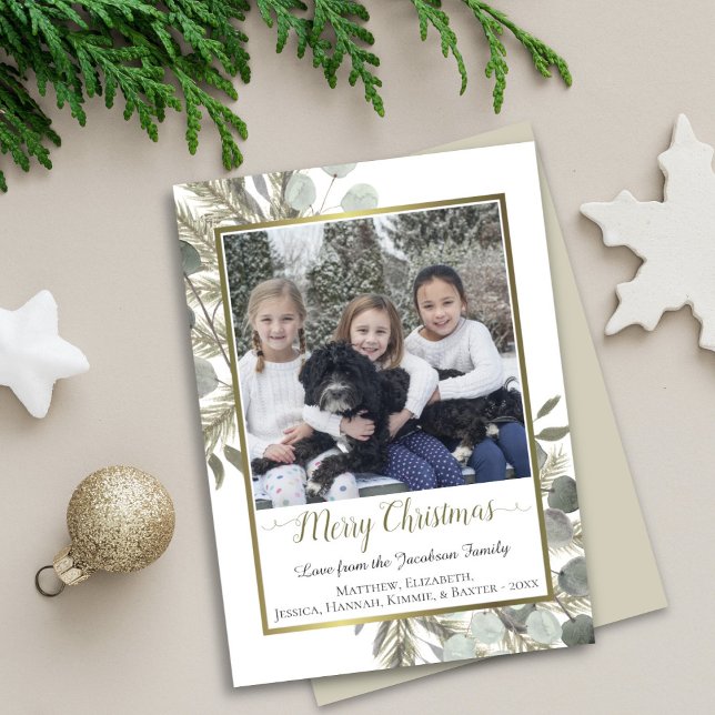 Merry Christmas Eucalyptus & Golden Pine Photo Holiday Card (In Situ Front/Back)