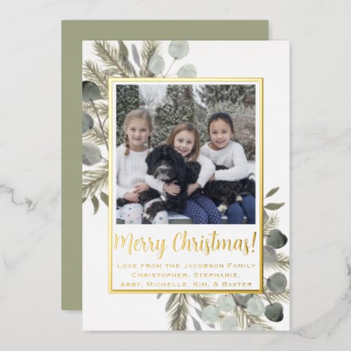 Merry Christmas Eucalyptus  Pine Sage  Gold Foil Holiday Card