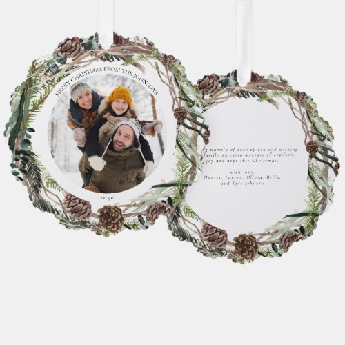 Merry Christmas Eucalyptus Winter Photo Wreath Ornament Card