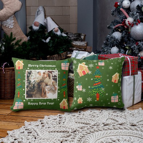 Merry Christmas Evergreen Family Photo  Throw Pillow