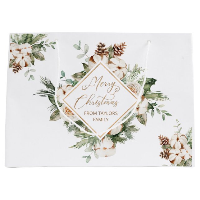 Merry Christmas evergreen geometric frame Large Gift Bag (Front)