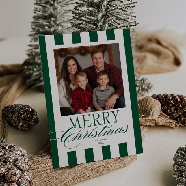 Merry Christmas Evergreen Stripes Holiday Card (Creator Uploaded)