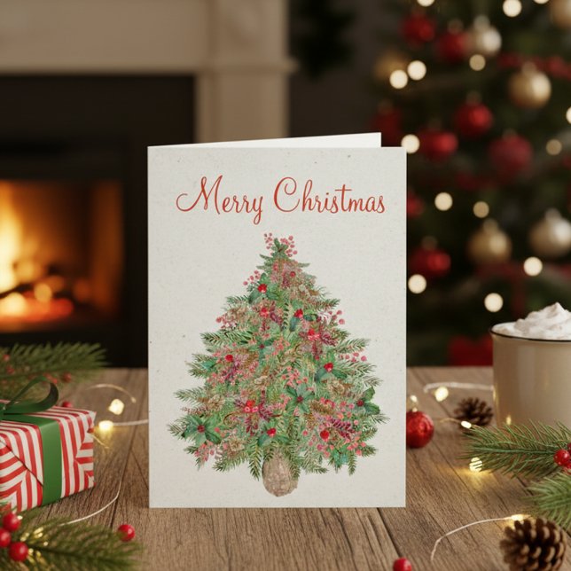 Merry Christmas Evergreen Tree Rustic Hand Painted Holiday Card (Creator Uploaded)