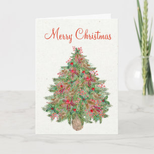 Merry Christmas Evergreen Tree Rustic Hand Painted Holiday Card