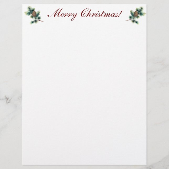Merry Christmas Evergreen Twigs & Cones Stationery (Front)