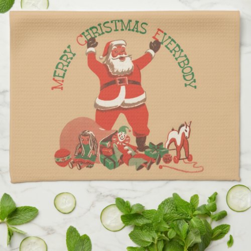 Merry Christmas Everybody Vintage Santa Claus Kitchen Towel