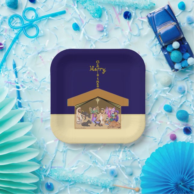 Merry Christmas Fabric Font Cross Over Nativity Paper Plates (Party)