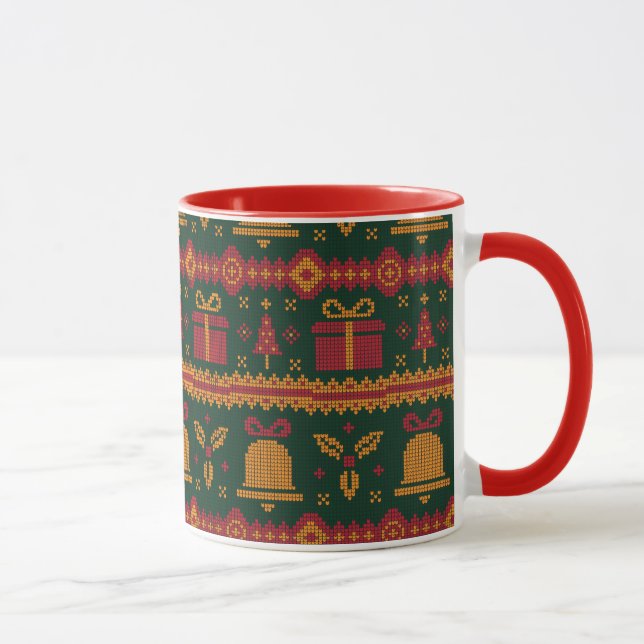 Merry Christmas Fair Isle Knitting Pattern Red  Mug (Right)