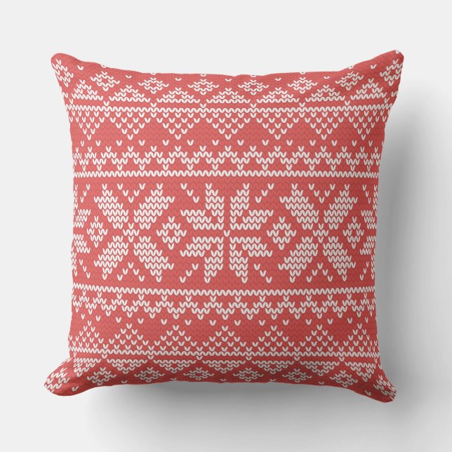Merry Christmas Fair Isle Snowflakes White & Red Outdoor Pillow (Front)
