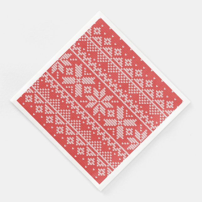 Merry Christmas Fair Isle Snowflakes White & Red Paper Dinner Napkins (Corner)