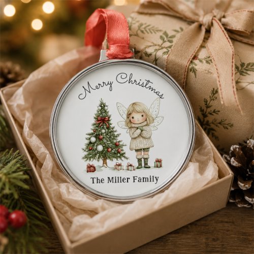Merry Christmas Fairy and Tree Personalized Gift Metal Ornament
