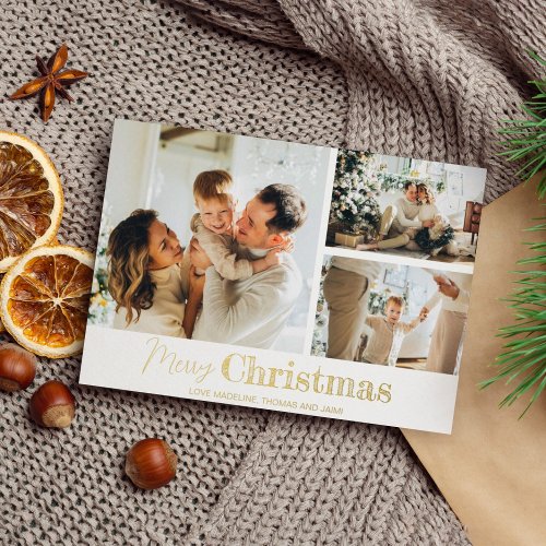 Merry Christmas Family 3 Photo Grid Gold Foil Holiday Card