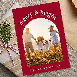 Merry Christmas Family Arched Photo Red Holiday Card
