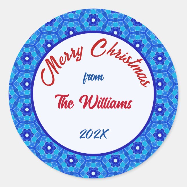 Merry Christmas Family Blue Tile Classic Round Sticker (Front)