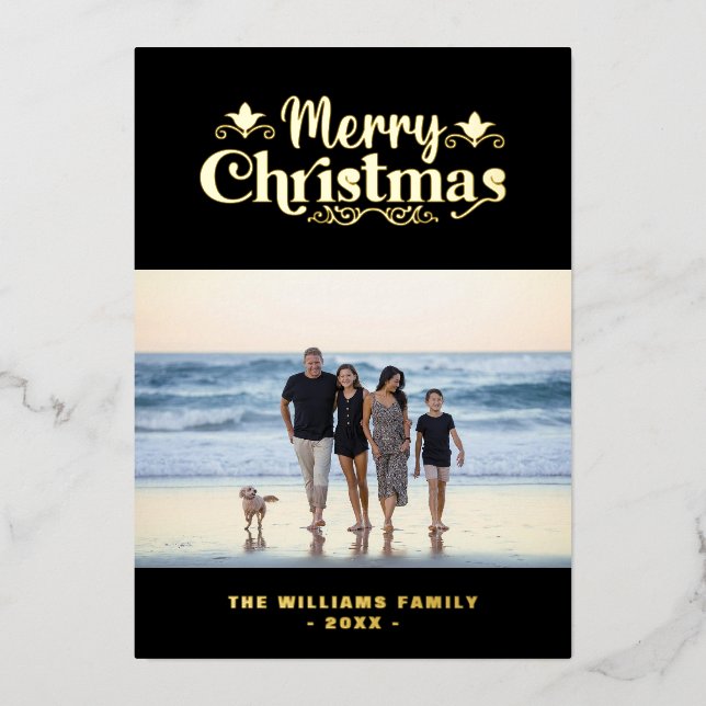 Merry Christmas Family Custom Photo Simple Modern Foil Holiday Card (Front)