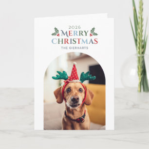 Merry Christmas Family Dog Photo Foliage Holiday Card