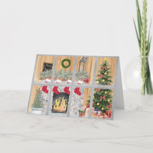 Merry Christmas Family Fireplace Tree Gifts Card (Front)
