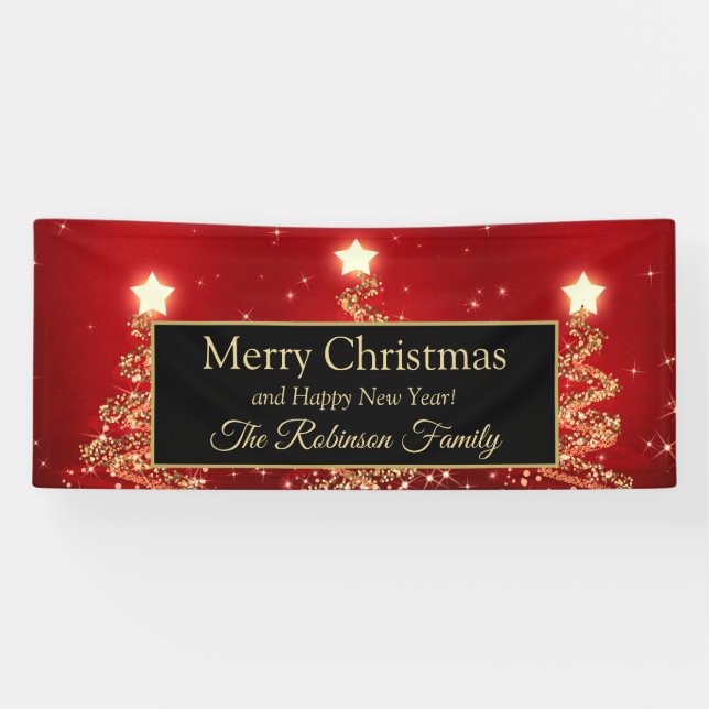 Merry Christmas Family Gold Red Sparkling Trees Banner (Horizontal)