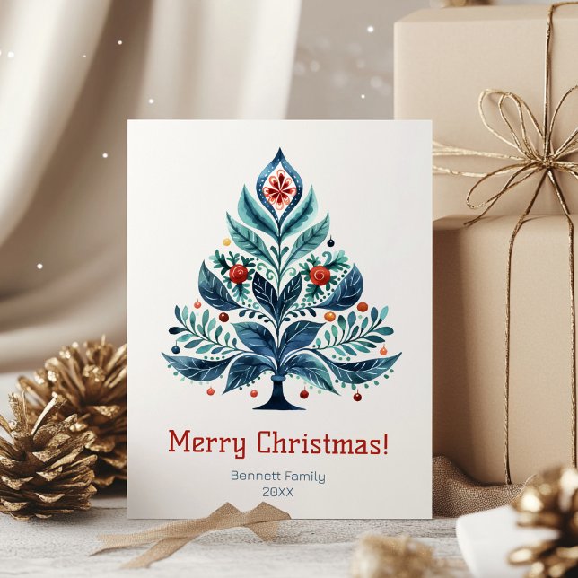 Merry Christmas family holiday card (“Celebrate simply. A watercolor tree card to brighten your loved ones’ Christmas 🎄✨)