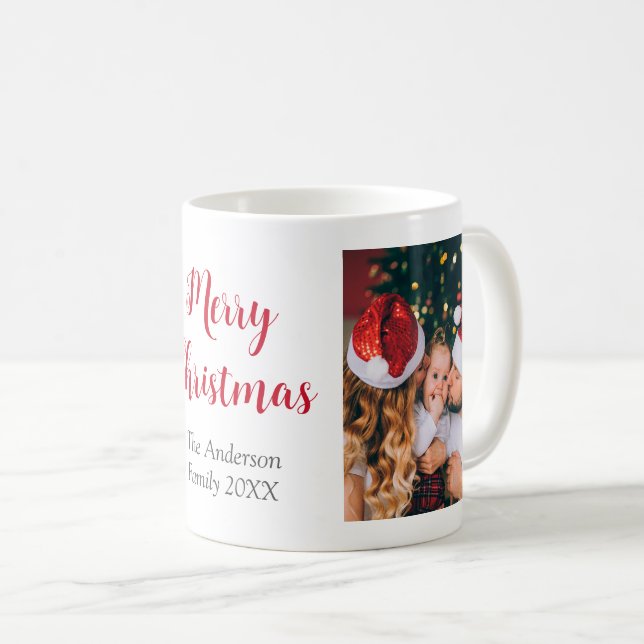Merry Christmas family holiday photo red text  Coffee Mug (Front Right)
