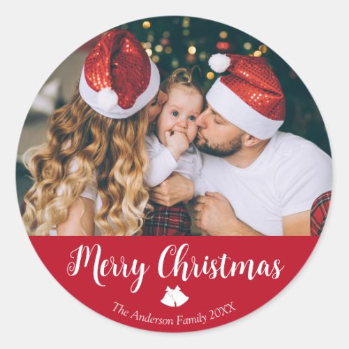 Merry Christmas family holiday photo text Classic Round Sticker