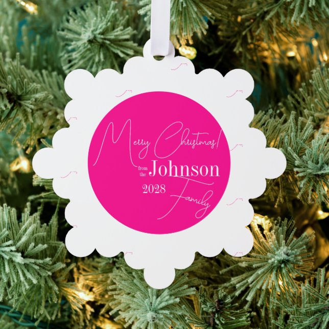 Merry Christmas Family Modern Hot Pink Ornament Card (Insitu (Tree))