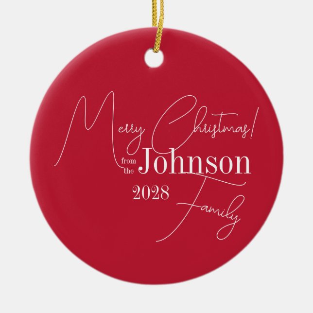 Merry Christmas Family Modern Red Ceramic Ornament (Front)