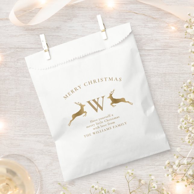 Merry Christmas Family Monogram Gold Deer  Favor Bag (Clipped)