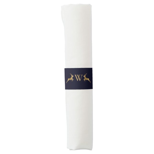 Merry Christmas Family Monogram Gold Deer Navy Napkin Bands (Front)