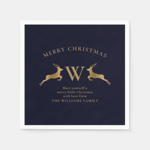 Merry Christmas Family Monogram Gold Deer Navy Napkins