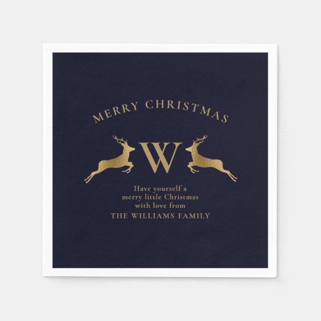 Merry Christmas Family Monogram Gold Deer Navy Napkins (Front)