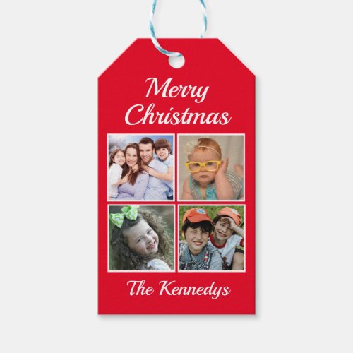 Merry Christmas Family Name 4 Photo Collage Red Gift Tags