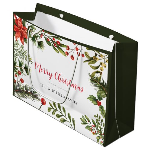 Merry Christmas Family Name Berries Greenery Large Gift Bag