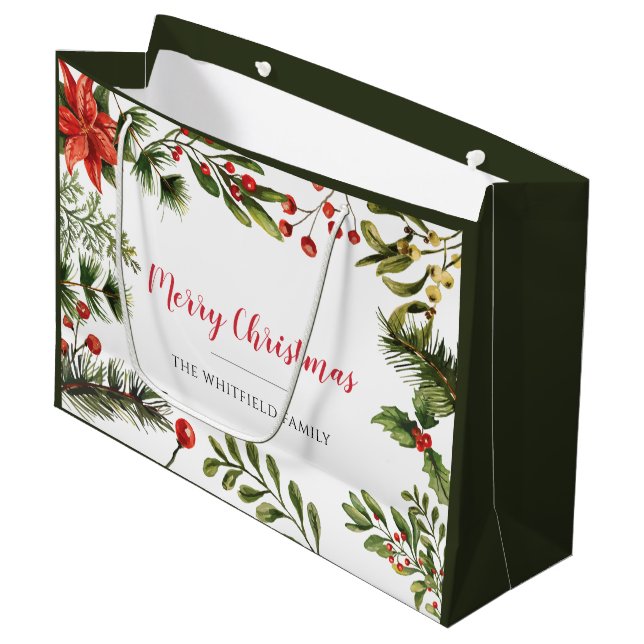 Merry Christmas Family Name Berries Greenery Large Gift Bag (Front Angled)