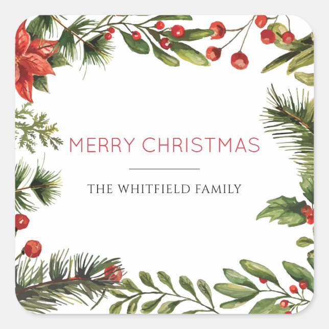 Merry Christmas Family Name Berries Greenery Square Sticker (Front)