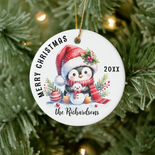 Merry Christmas Family Name Cute Penguin Ceramic Ornament (Tree)